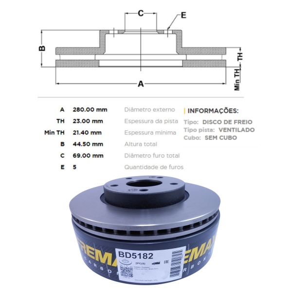 Kit Disco de Freio BD5182 Diant. Elantra, I30 - Cód.3851