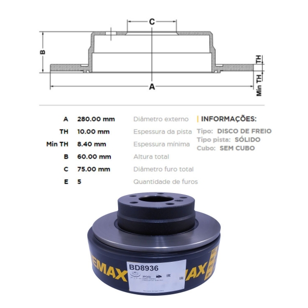 Kit Disco de Freio BD8936 Tras. BMW 316i, 318i - Cód.5091