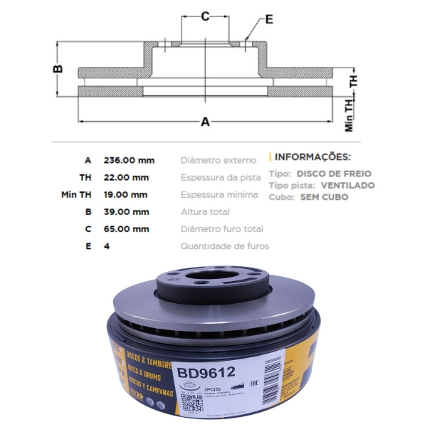Kit Disco de Freio BD9612 Diant. VW Up 1.0 - Cód.3857