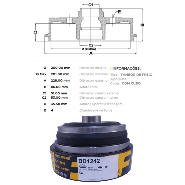 Kit Tambor de Freio BD1242 Tras. GM Corsa - Cód.5065