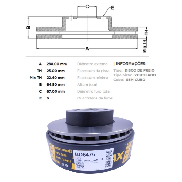 Kit Disco de Freio BD6476 Diant. Mercedes C180 - Cód.3658