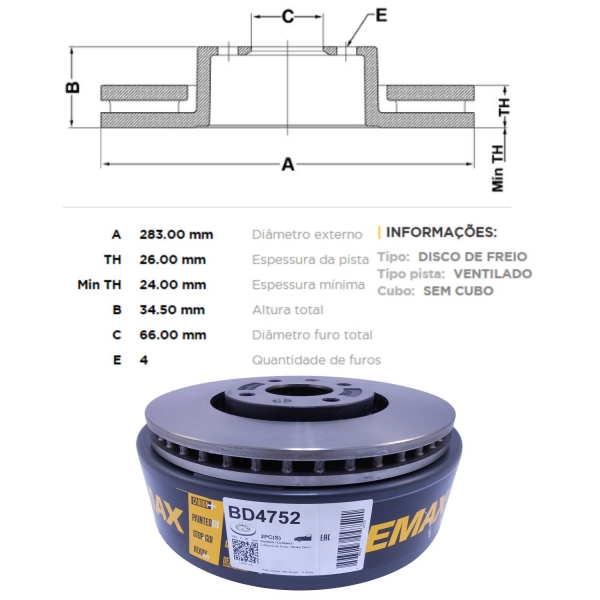 Kit Disco Freio BD4752 Diant. C4, C5, Aircross - Cód.4415