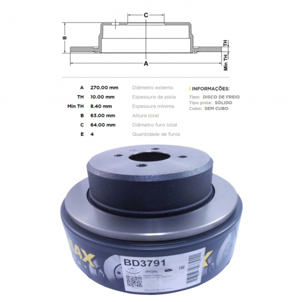 Kit Disco de Freio BD3791 Tras. VW Gol Gti 16V - Cód.3618
