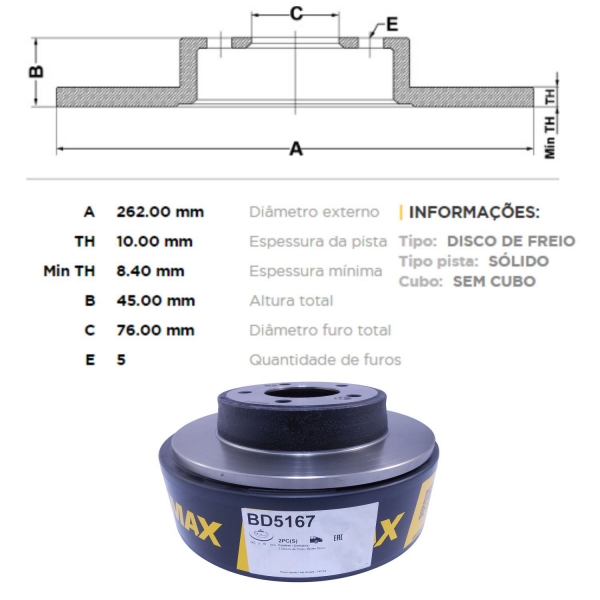 Kit Disco de Freio BD5167 Tras. Cerato, I30 - Cód.5047