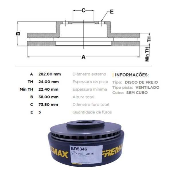 Kit Disco de Freio BD5346 Diant. Chrysler Caravan - Cód.5298