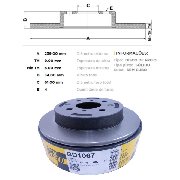 Kit Disco de Freio BD1067 Tras. Honda City, Fit  - Cód.3587