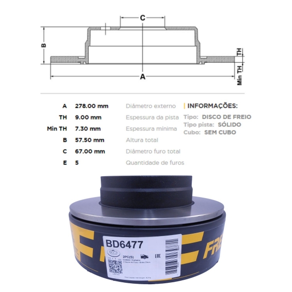 Kit Disco Freio BD6477 Tras. Mercedes C180, C200 - Cód.3659