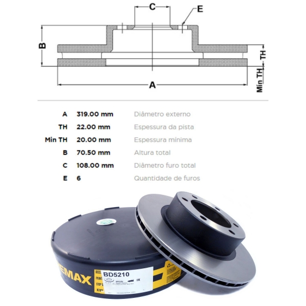 Kit Disco de Freio BD5210 Diant. Toyota Hilux SW4 - Cód.5483