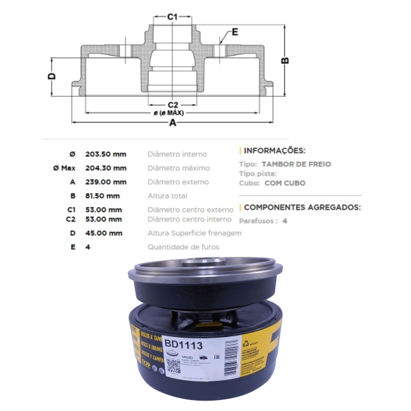 Kit Tambor de Freio BD1113 Tras. Ecosport, Fiesta - Cód.5150