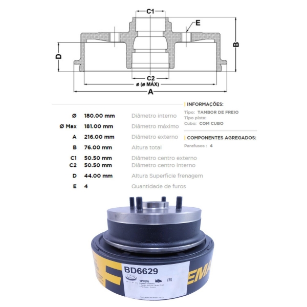 Kit Tambor de Freio BD6629 Tras. Ford Fiesta, Ka - Cód.5697