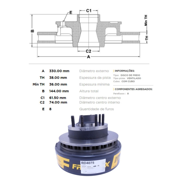 Kit Disco de Freio BD4075 Diant. Ford F250 - Cód.5152
