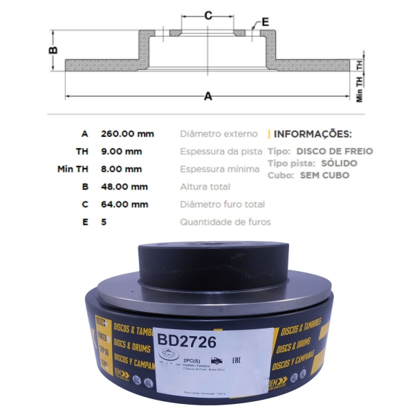 Kit Disco de Freio BD2726 Tras. Honda Accord - Cód.4753