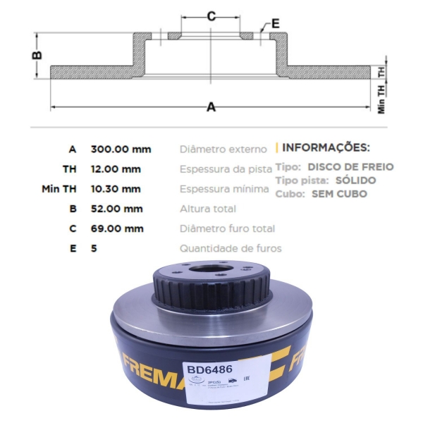 Kit Disco de Freio BD6486 Tras. Mercedes C200 - Cód.5489