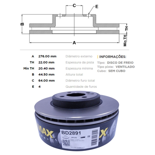Kit Disco de Freio BD2891 Diant. Mini One 1.6 - Cód.3841