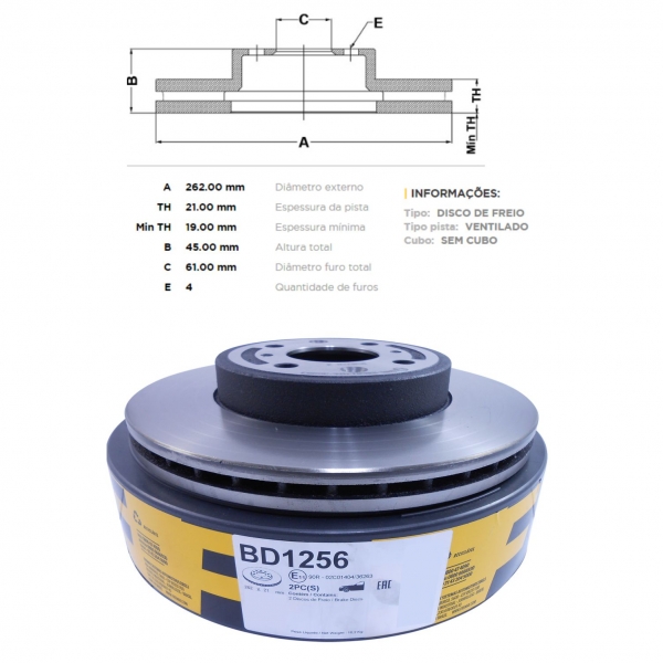 Kit Disco de Freio BD1256 Diant. City, Fit, WRV - Cód.3591
