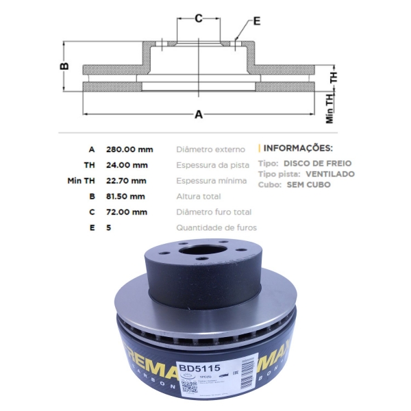 Kit Disco de Freio BD5115 Diant. Jeep Cherokee - Cód.3637